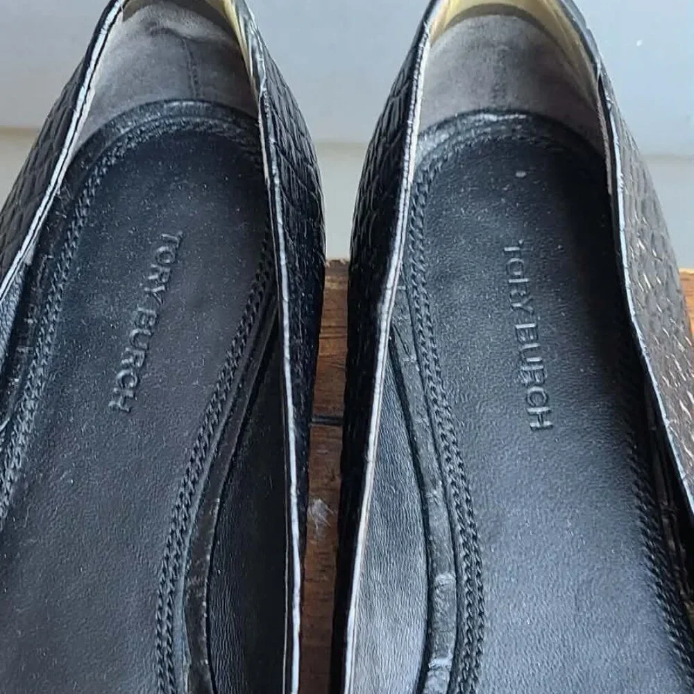 Tory Burch Georgia Black Leather Ballet Soft Croco Embossed Flats size 8 1/2